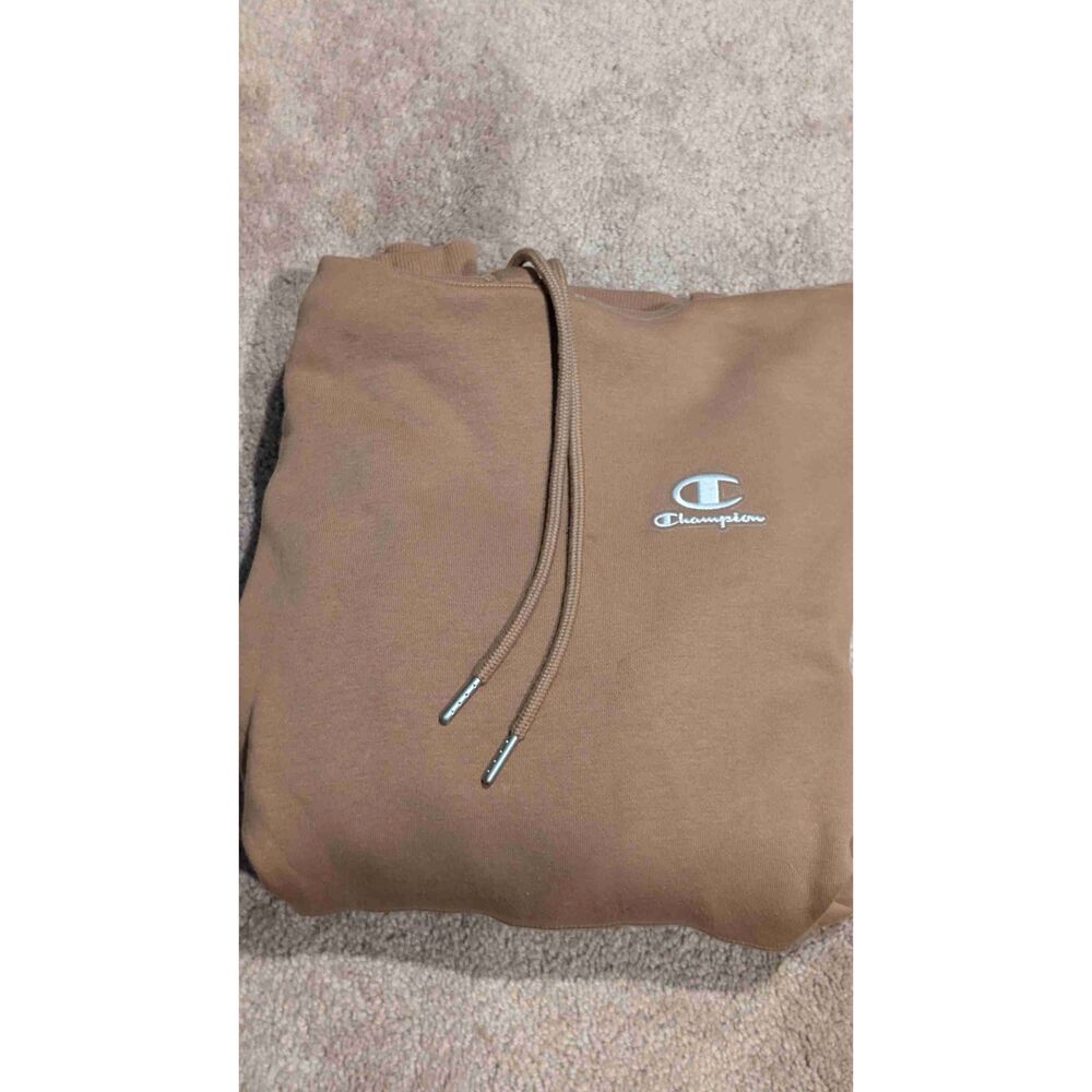 Champion Brown Logo Drawstring Hoodie Small Cotton Polyester Blend
